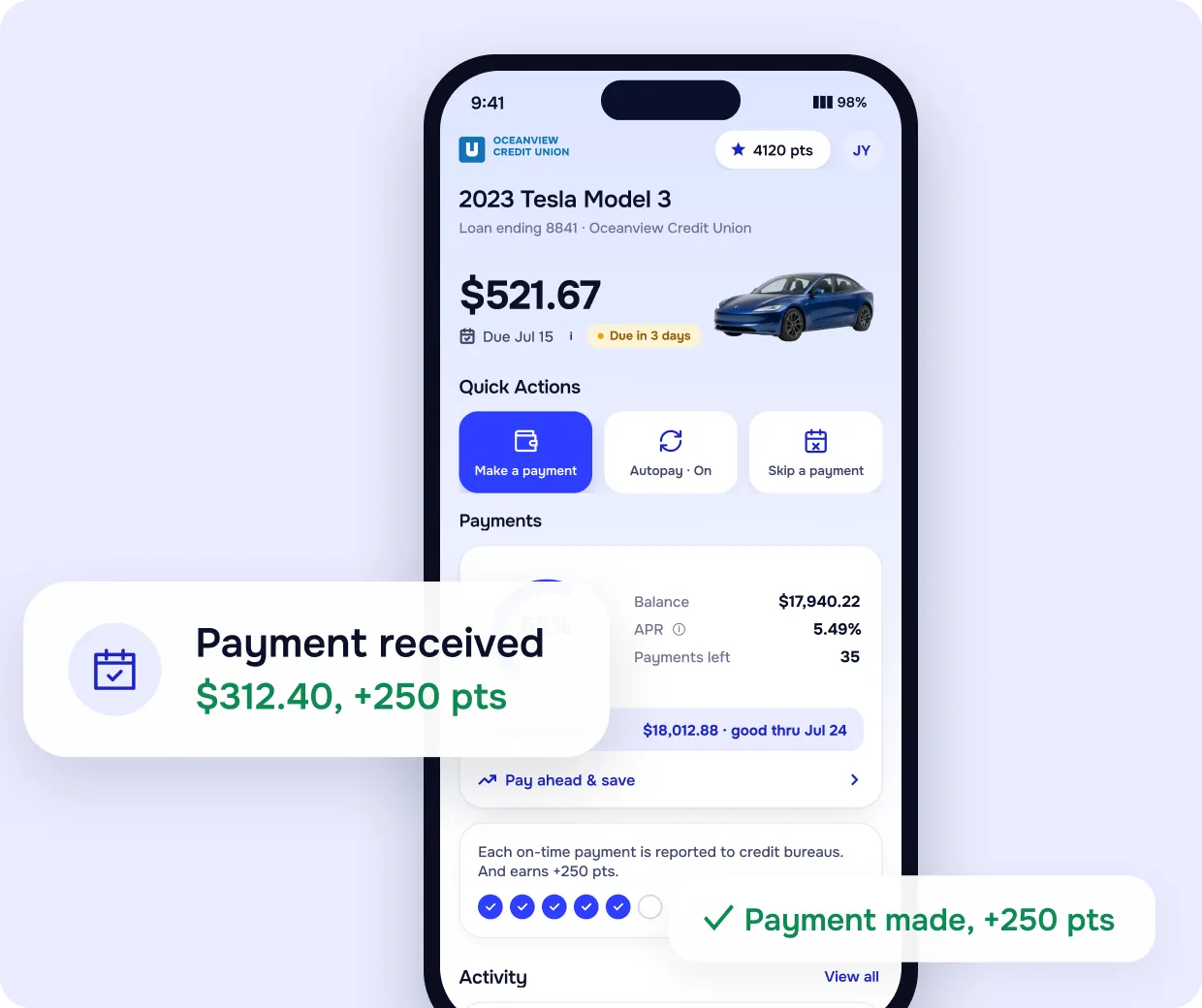 Rory app showing an auto-loan payment screen with a “Payment received, $312.40, +250 pts” notification
