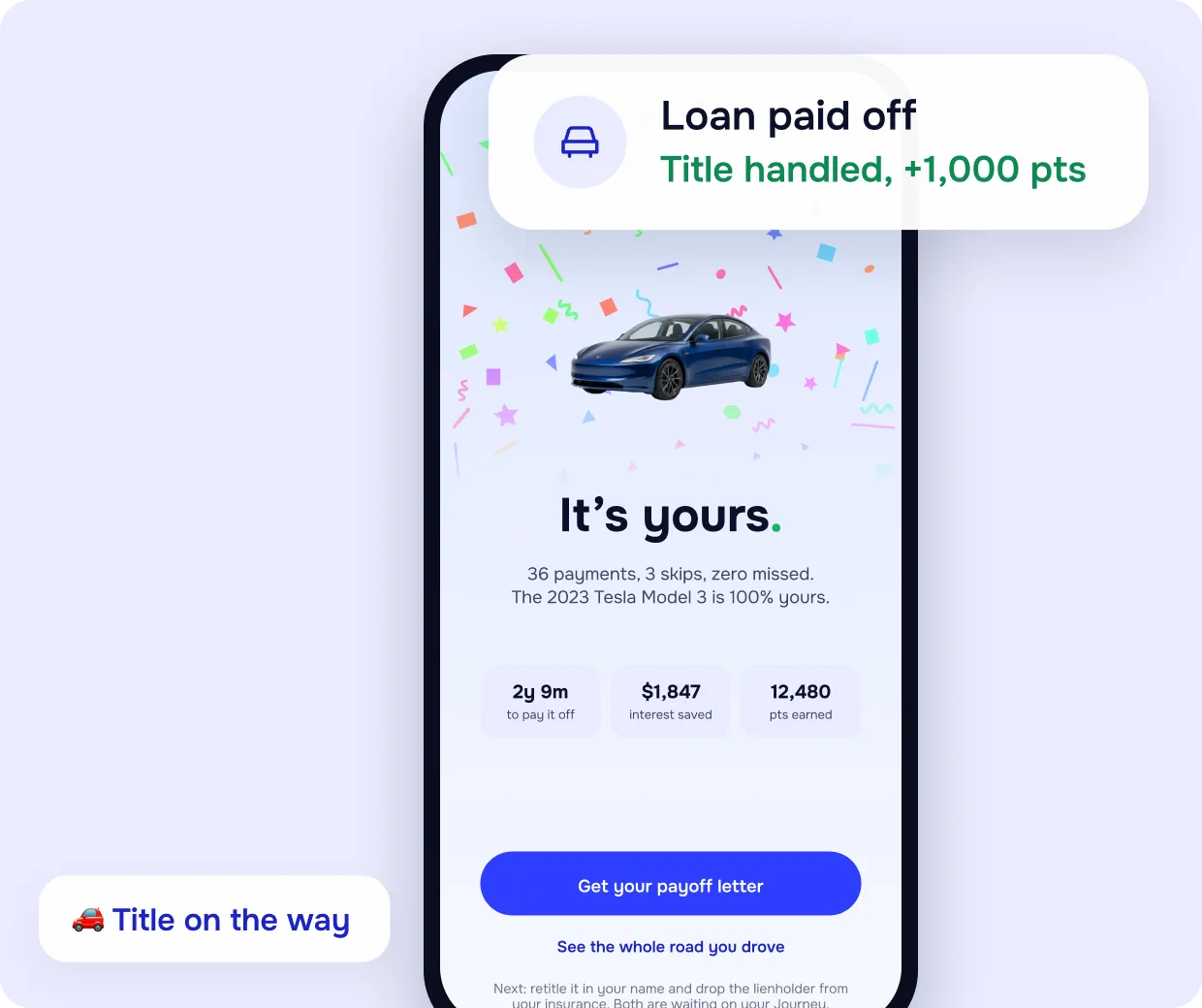 Rory payoff celebration screen: “It’s yours” with “Loan paid off, title handled, +1,000 pts”