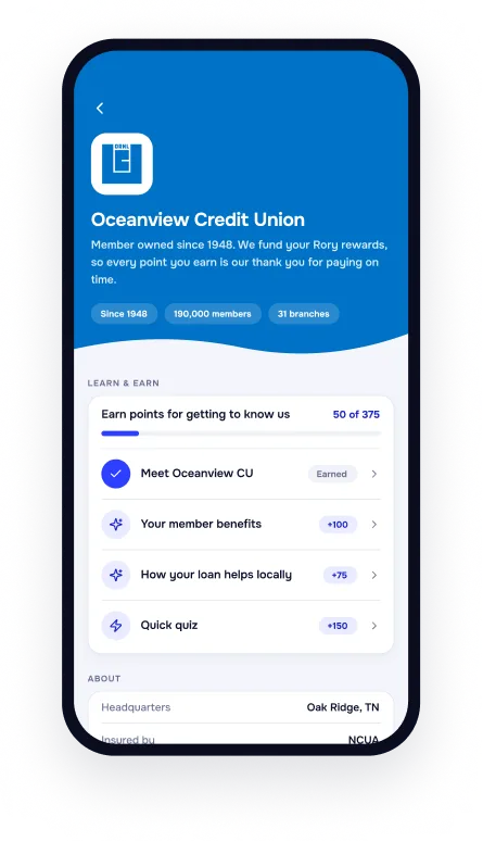 A tenant-branded Rory app showing an Oceanview Credit Union profile screen